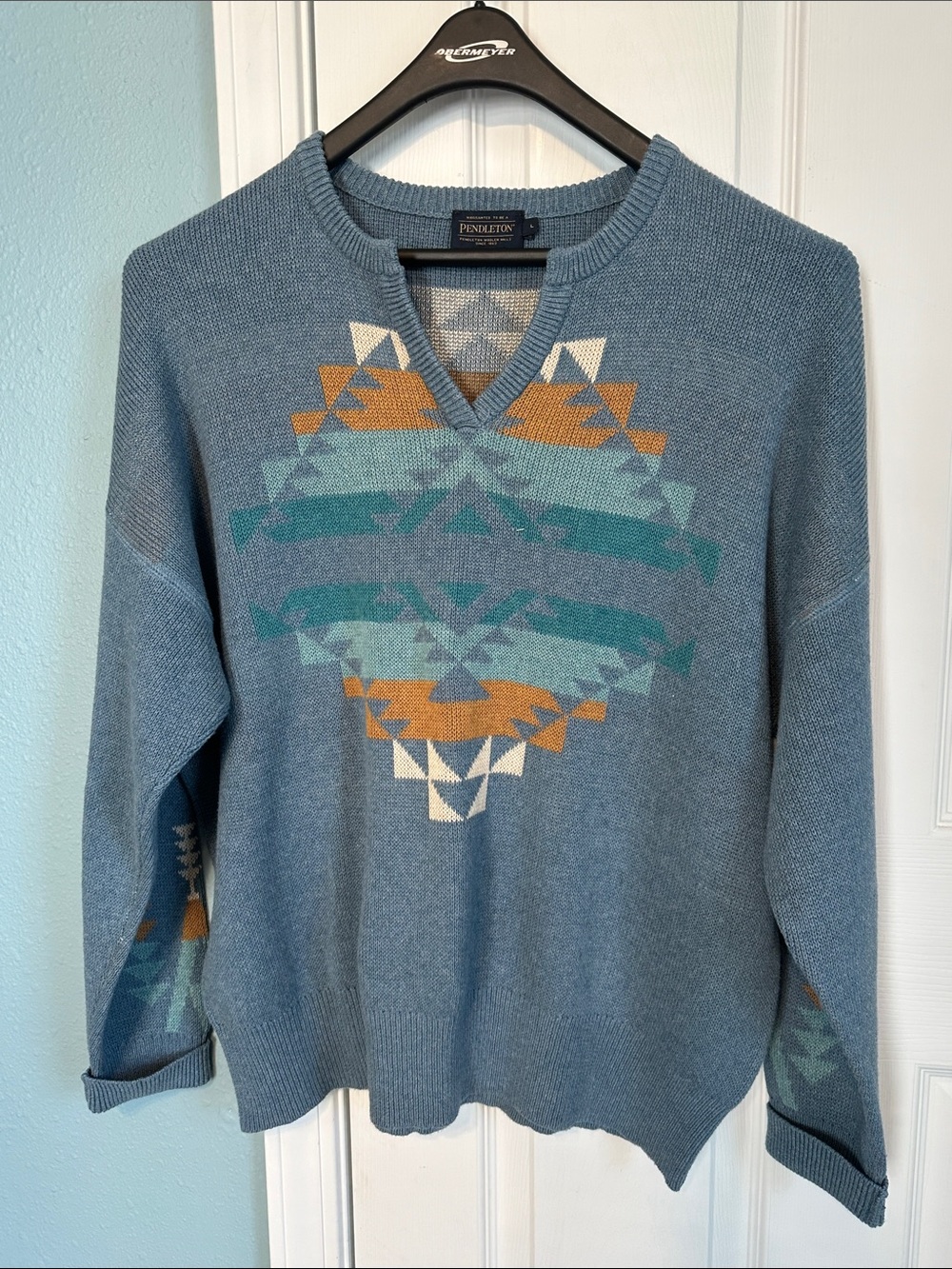 Pendleton Blue V‑Neck Sweater with Teal, Gold & Cream Southwestern Motif